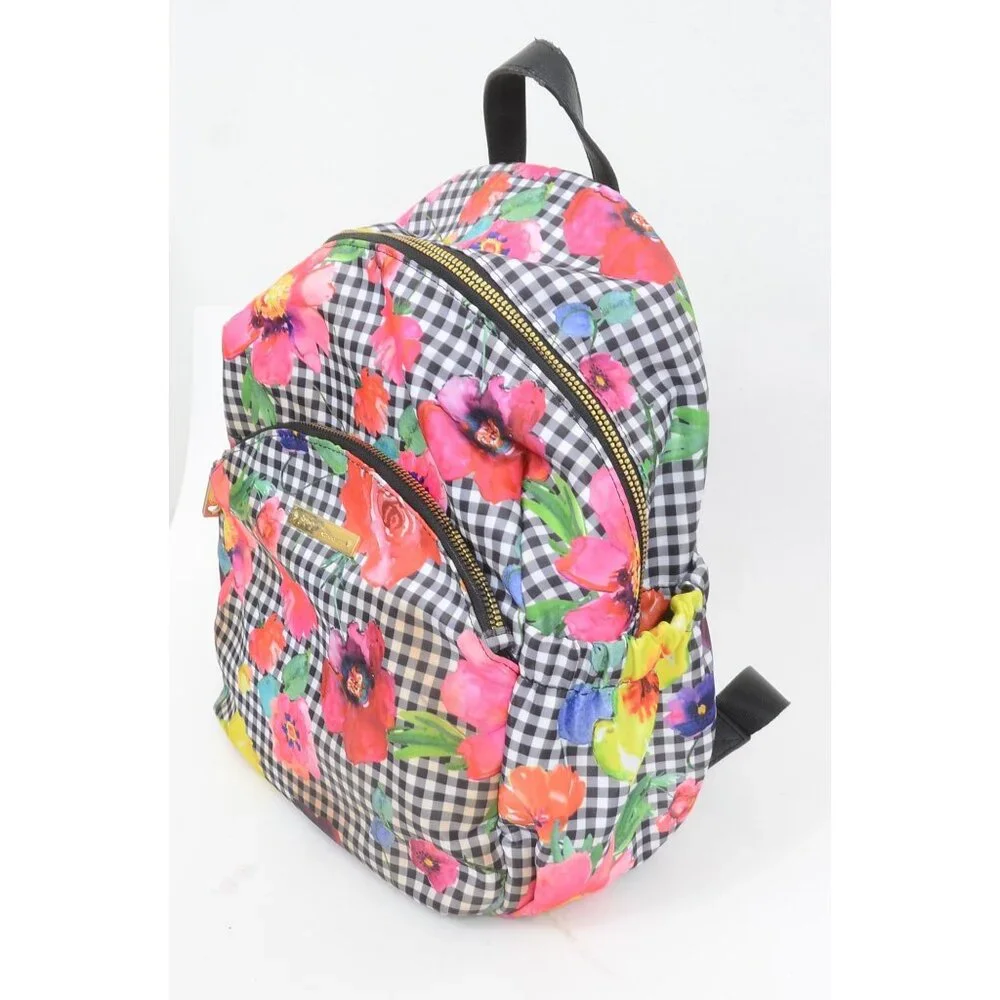 Betsey Johnson Black/White‎ Gingham w/Colorful Florals Multi Pocket Backpack